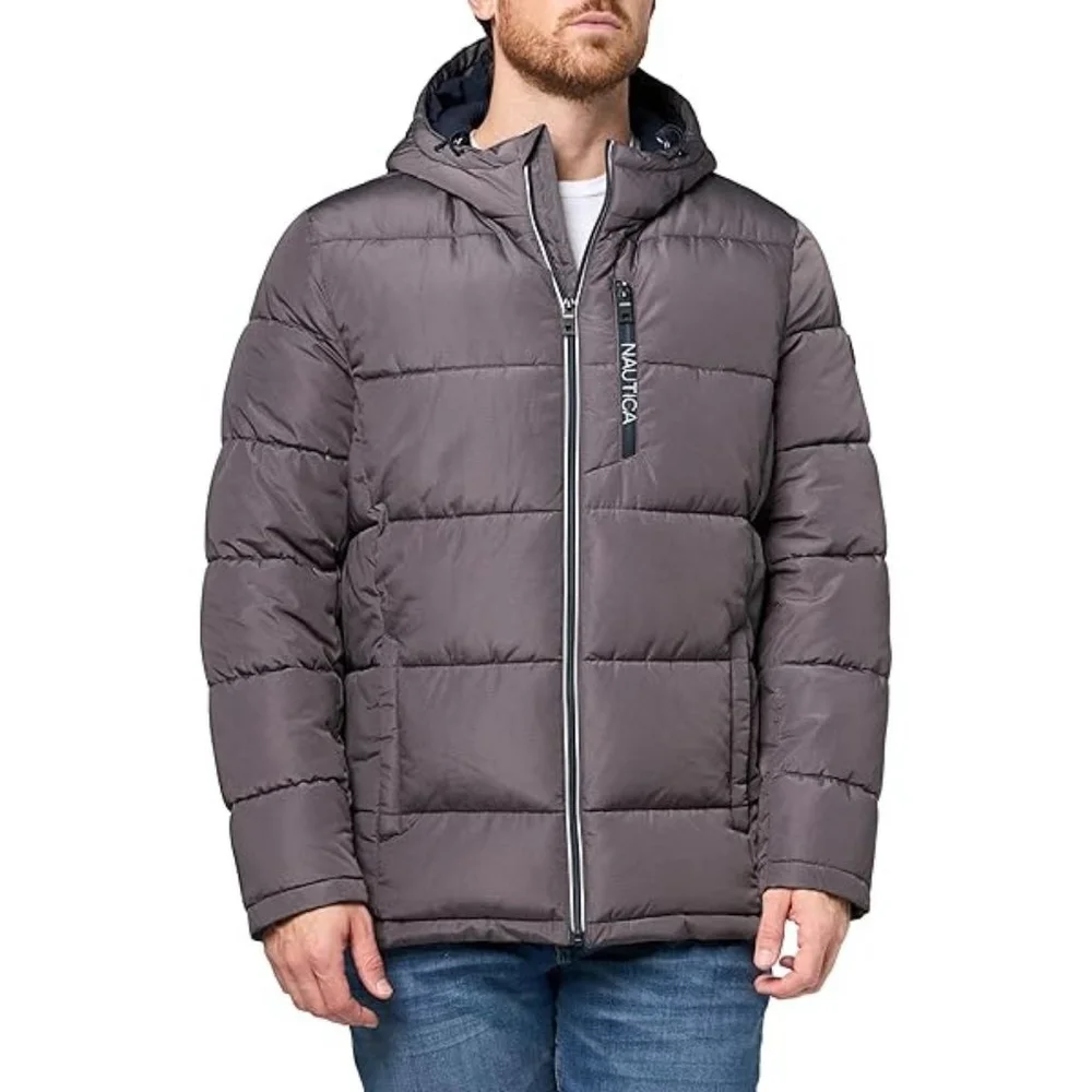 Nautica Grey Quilted Hooded Puffer Jacket Large